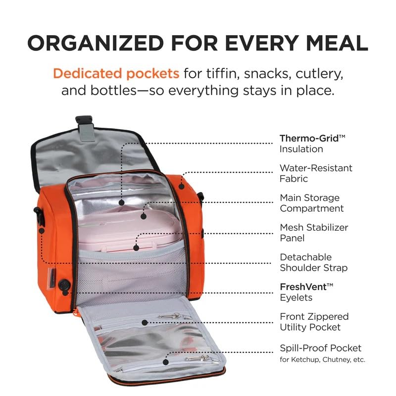 Image of Thermal Lunch Bag | Thermo-Grid Insulated, Water & Leak-Resistant, Easy to Clean | Lightweight School Lunch Box Bag with Shoulder Strap (Orange)