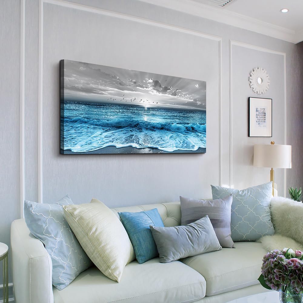 ERQINHUA Wall Decor For Living Room Canvas Wall Art For Bedroom Office Decorations Blue Sea Wave Ocean Paintings Beach Wall Pictures Canvas Artworks Modern Home Decor Mural Ready To Hang 20"X40" image 3