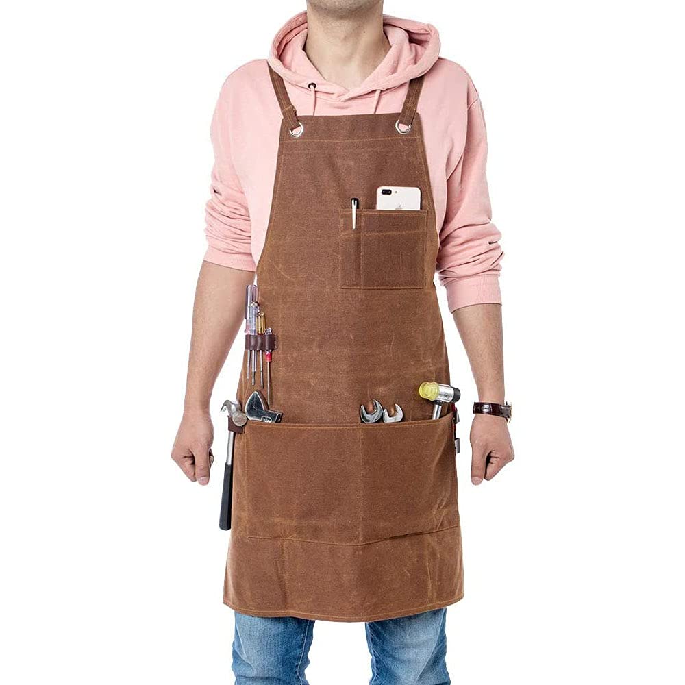 Esyauto Shoulder Strap Adjustable Worker Tool Apron,Waterproof Waxed Canvas Apron with 3 Large Pockets and 5 Quick Access Hung Ring,Suitable for Engineers Carpenters Craftsmen
