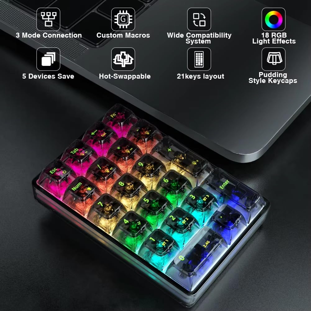 K21 Number Pad Bluetooth Teclado Mecánico RGB 21 Teclas Transparente Photoshop Contabilidad Numpad Gaming Keyboard Negro