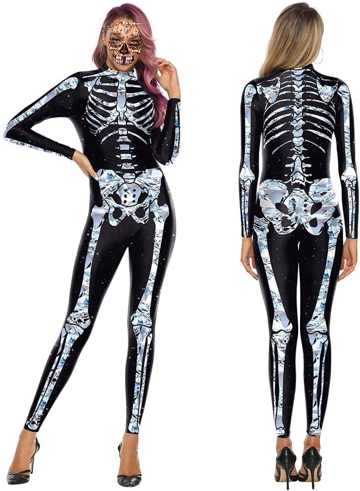Womens Skull Skeleton Halloween Costume Jumpsuit Bodysuit One Piece Romper Outfit - Image 4