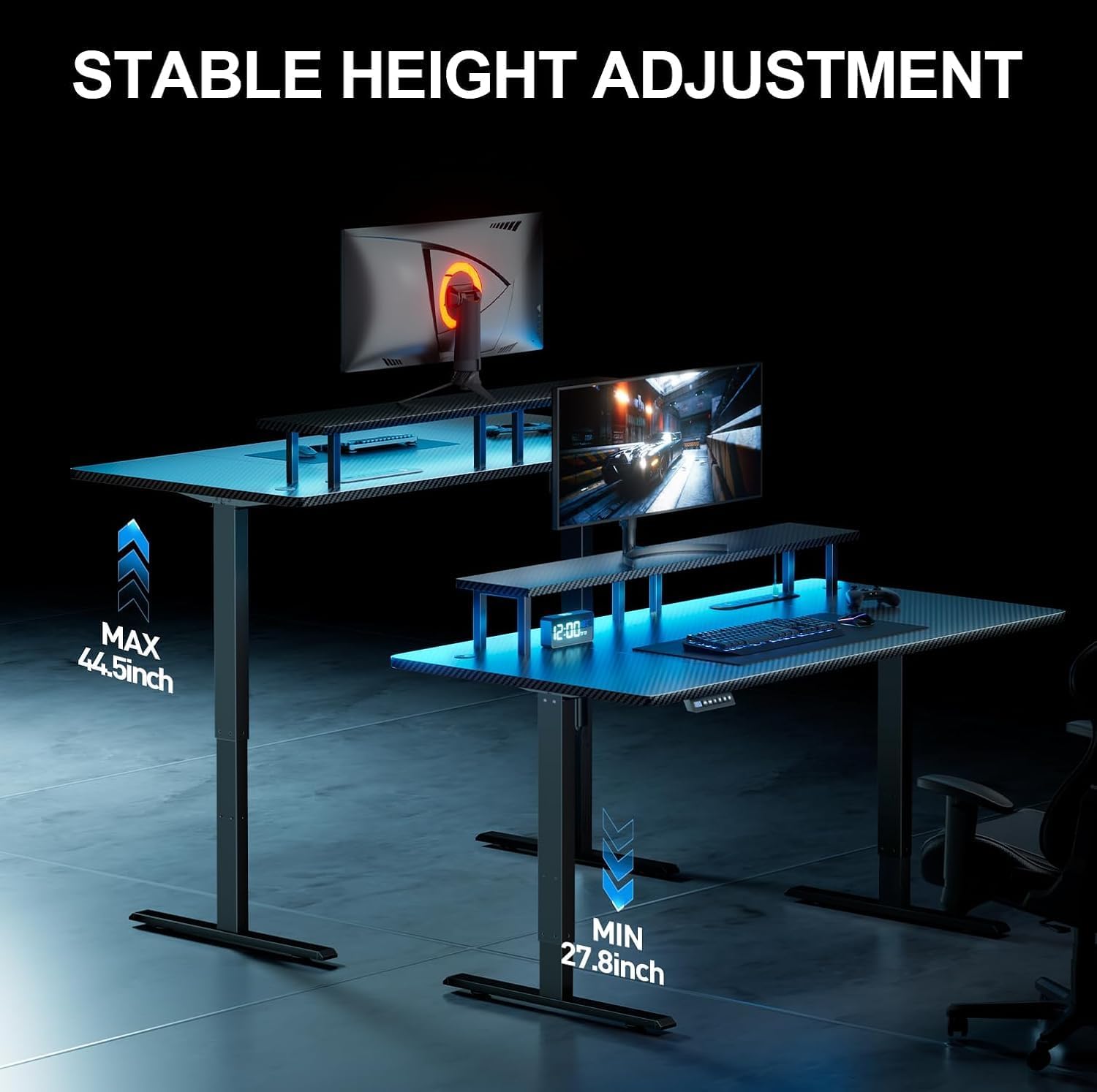 HLDIRECT Electric Standing Gaming Desk with LED Lights, 47 Inch Height Adjustable Gaming Table Sit Stand Computer Workstation with Power Outlet & Monitor Stand, Rising Desk for Home, Bedroom, Black