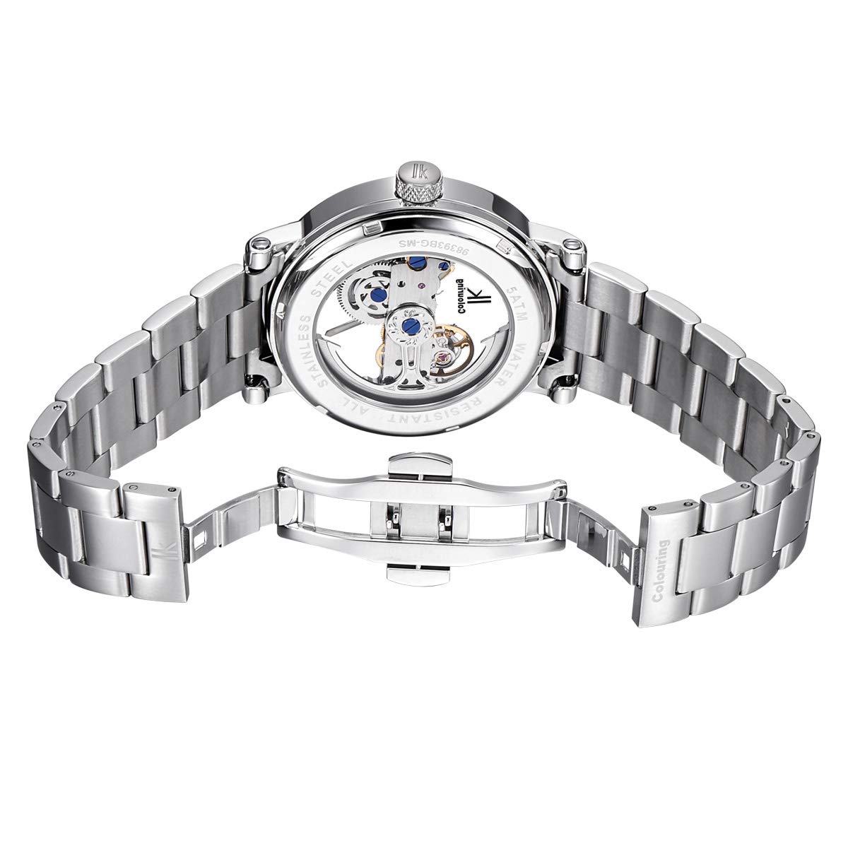 Alienwork IK Automatikuhr Armbanduhr Herren Damen Silber Edelstahl Metallarmband Skelett Glasboden