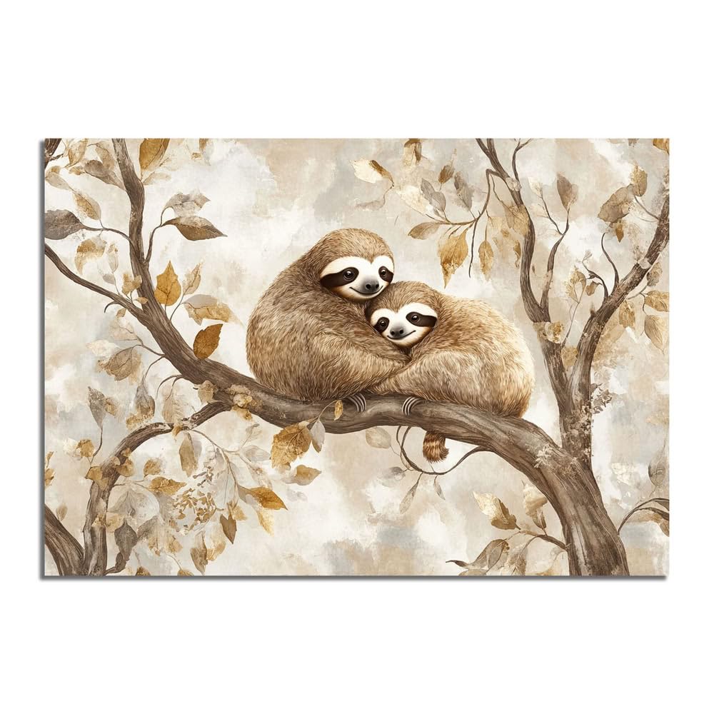 TERUEA Canvas Wall Art, Funny Painting Decor Hanger, Sloth Couple on Tree Branch Picture Large Creature Canvas Modern Wall Art Animals Pictures for Bedroom Living Room Office(Beige)-60x90cm Unframed