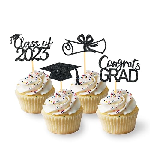 2023 Graduation Theme Cupcake Toppers Glitter Class Of 2023 Graduation Cap Diploma Cupcake Picks - Set Of 24 (Black) #TOP24