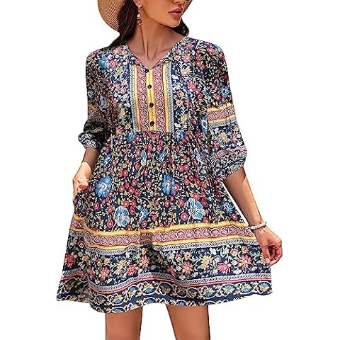Chigant Woman Boho Beach Loose Casual Dress Tunic Flowy Shift Long Sleeve Knee Length Swing Dresses Dark Blue M Cover