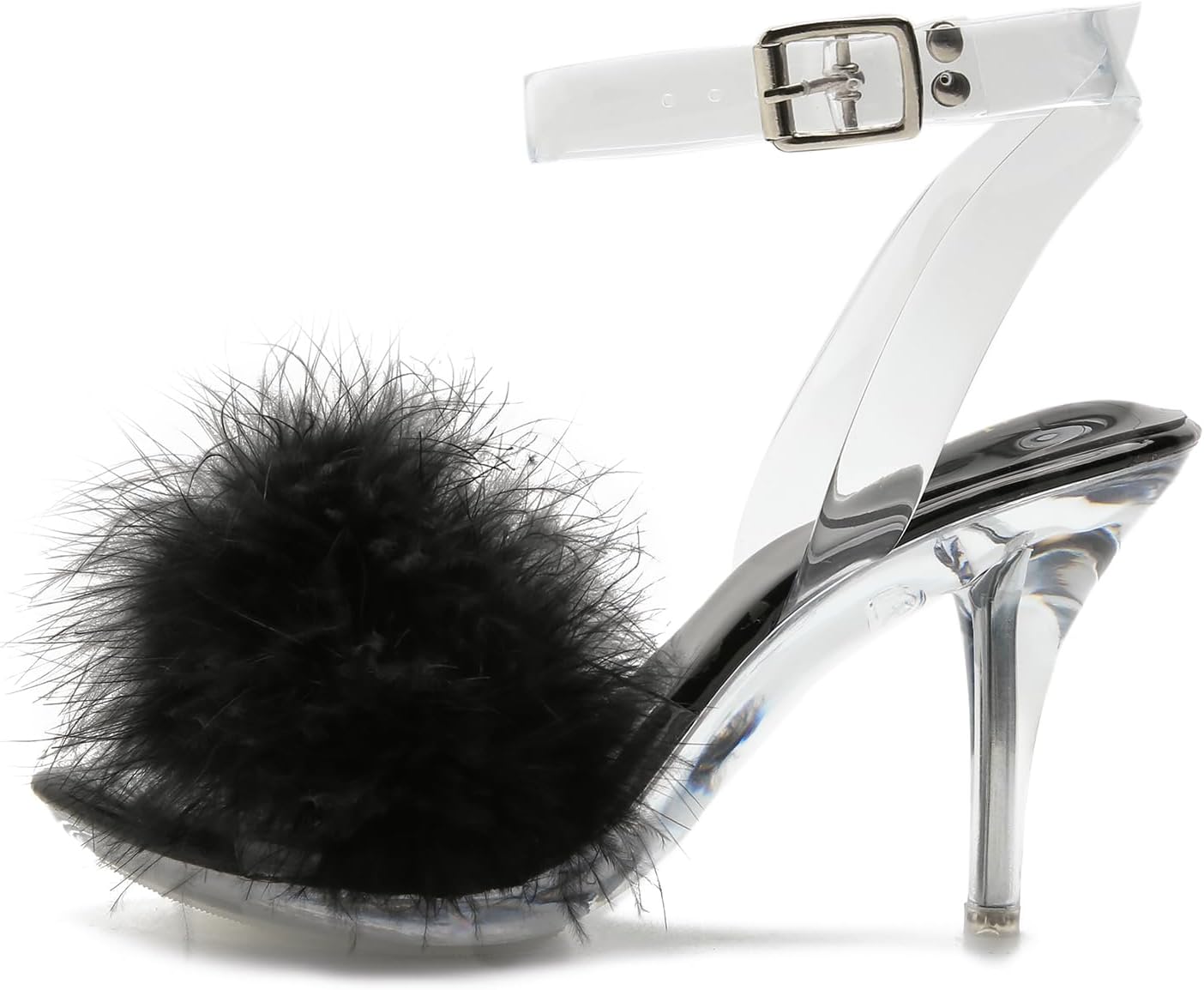 Women's Fuzzy Clear Heels Ankle StrapStilettos Heels Mules Sandals Fluffy Feather Slip On High Heeled Party Prom Dresses Shoes