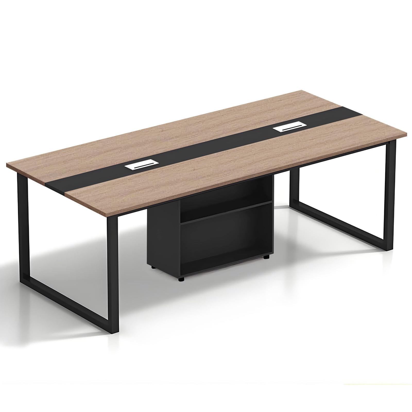 Grande Table de Conférence avec Module de Rangement – Table de Réunion Moderne 8 à 12 Personnes, Passe-Câbles, Structure Métallique Noire, Idéale pour Bureaux, Salles de Réunion et Formations