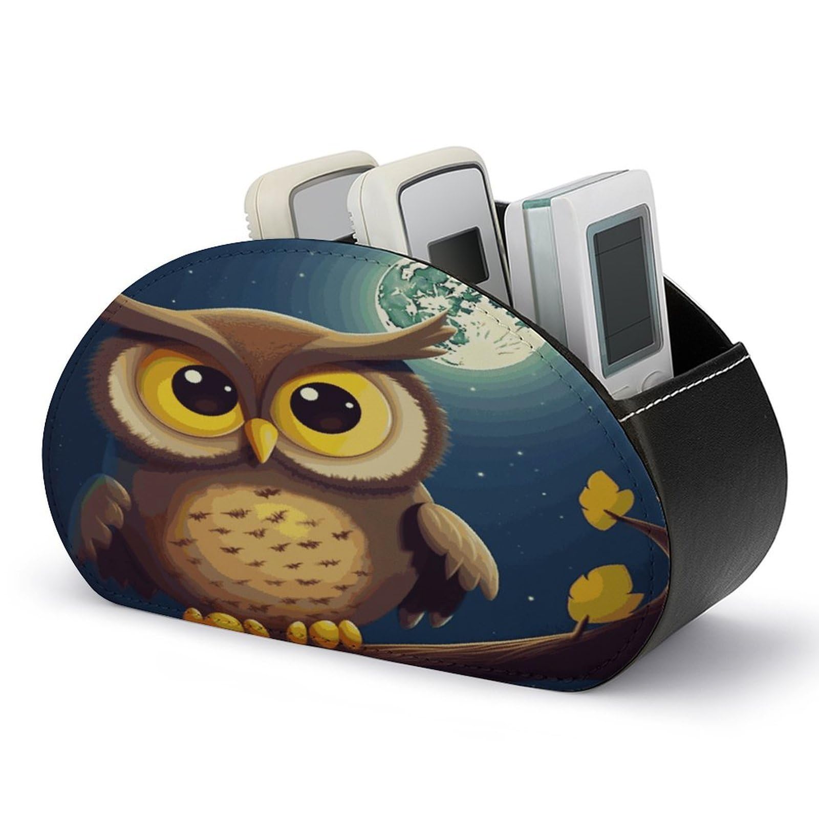 FekiLoot Owl And Yellow Moon Remote Control Holder, PU Leather Remote Control Organizer Box Stationery Remote Control Box Desk Storage Organizer for DVDs,Glasses,Pens,Media Players