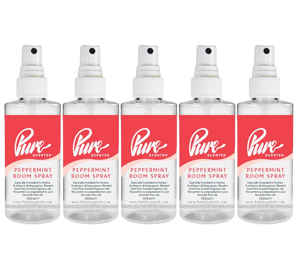 "Pure Scented 500ml Room & Fabric Sprays 5 x 100ml Suitable For Home, Car, Caravan, Work, Gym Bags, Odour Eliminators (5 x 100ml, Peppermint)"