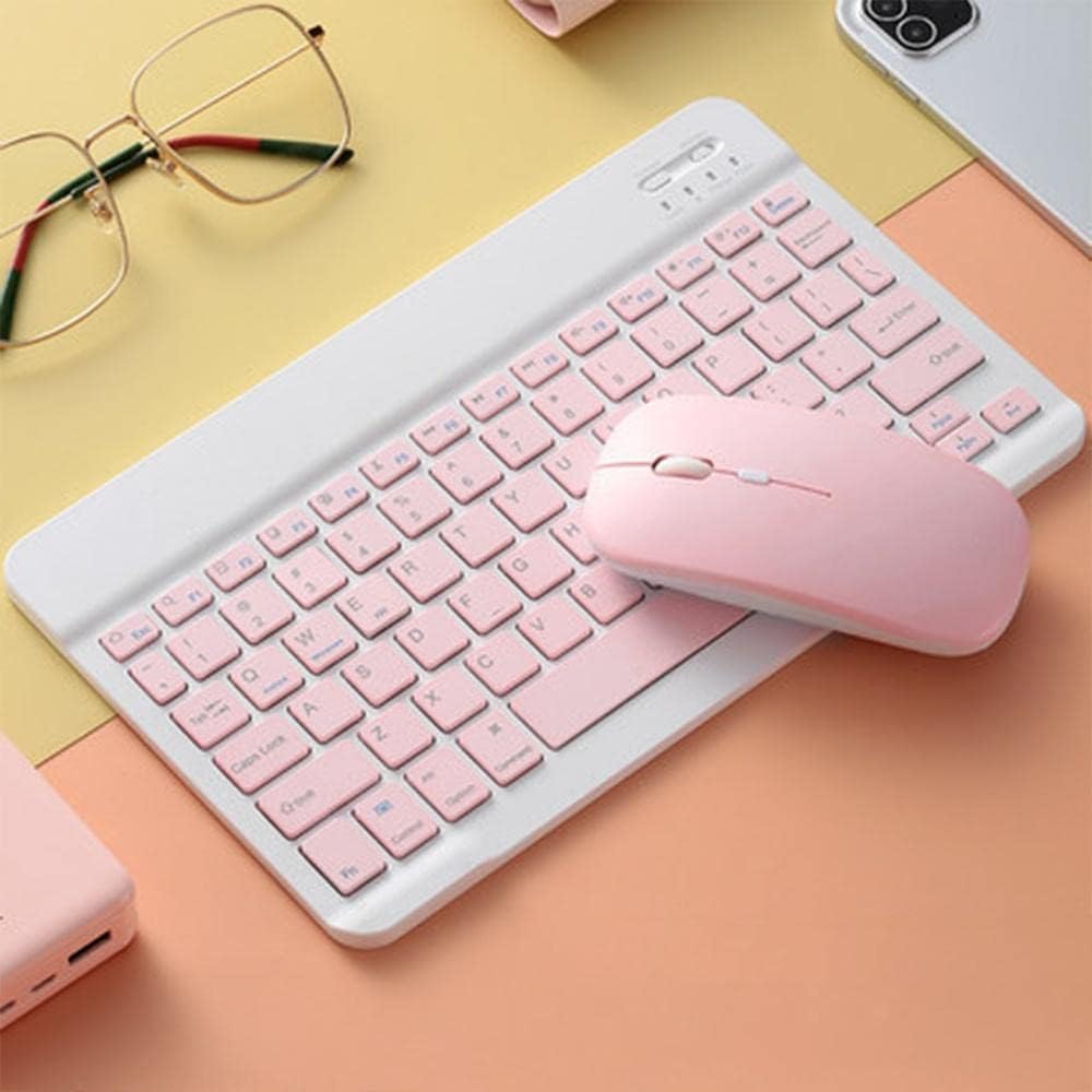 – Bluetooth Keyboard and mouse set Ultra Slim Rechargeable Wireless 10“ Keyboard and mouse set for iPad/Samsung Tablets/Lenovo Tablets & Other iOS Android Windows Devices, Pink QWERTY UK Layout