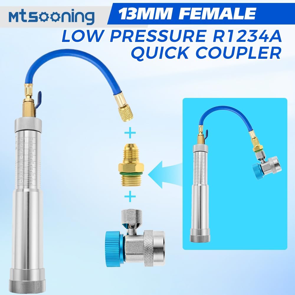 Mtsooning AC Oil Dye Injector Prevent Kit with R134a R1234YF Adjustable Quick Couplers,2 Oil Checkers,R410 Adapter for R134A R1234YF R410A Refrigerant System
