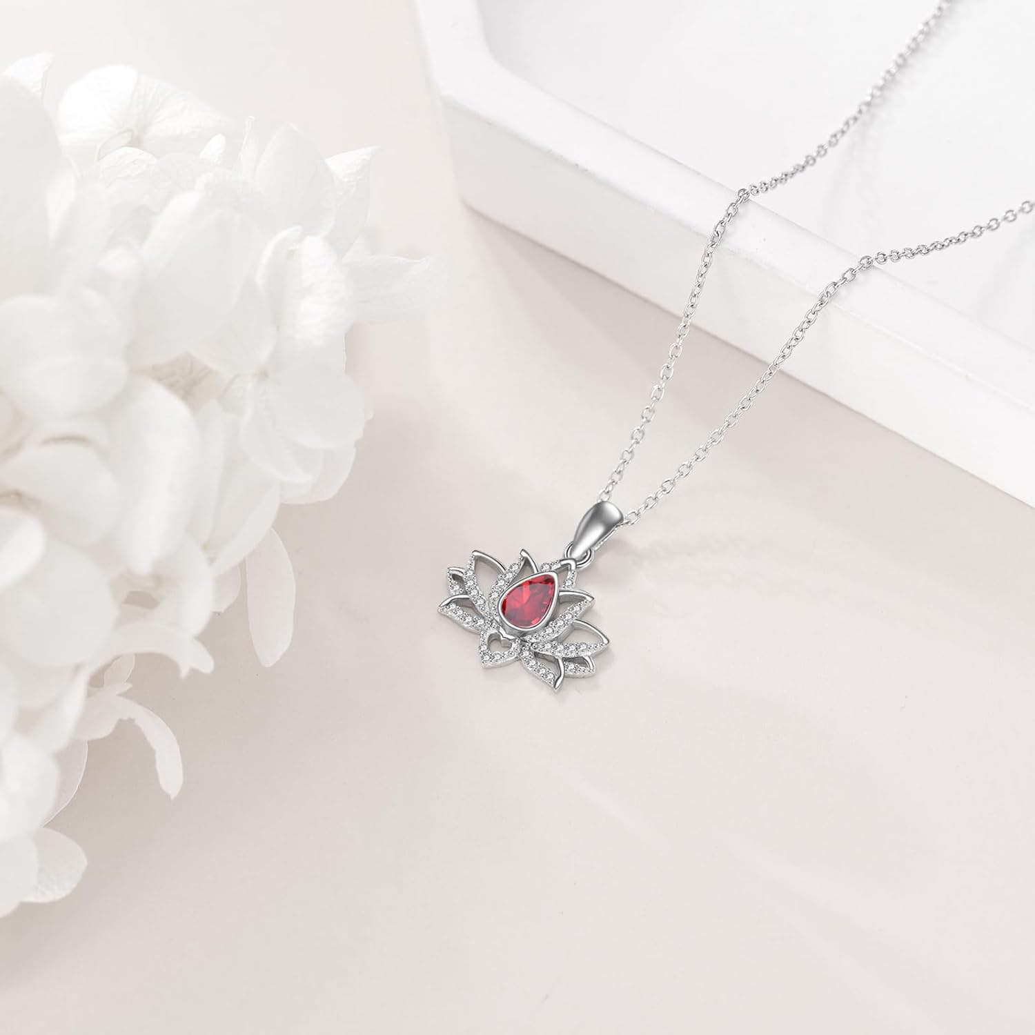 YAFEINI Lotus Necklace Sterling Silver Birthstone Pendant Lotus Jewelry Mothers Day Birthday Gifts for Women - Image 5