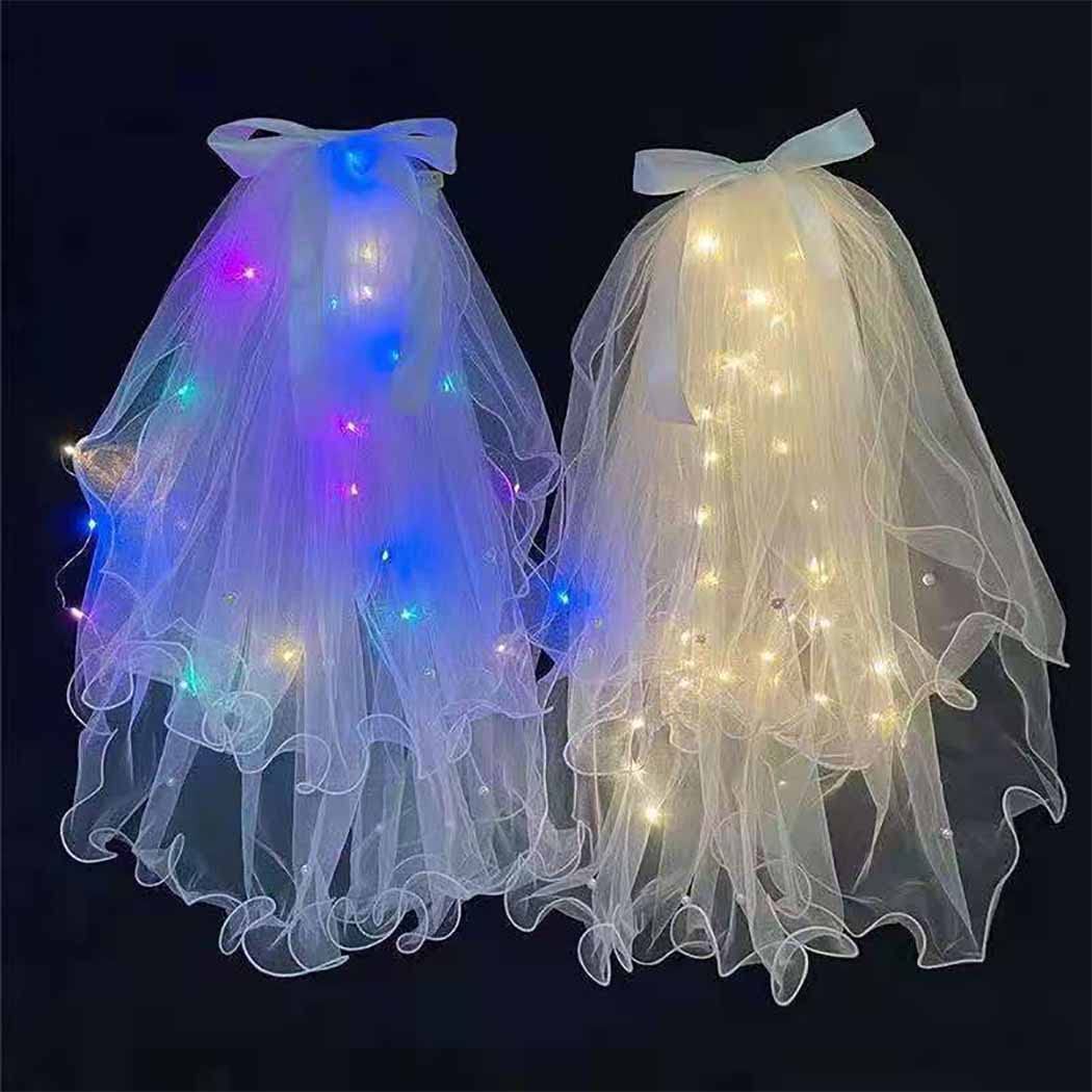 JAKAWIN Light Up Bowknot Wedding Veil Tulle Bridal Shower Short Veils Bachelorette Party Hair Accessories for Women TS001 (Yellow Light)