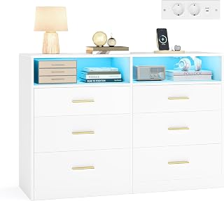 VASAGLE CUSTOS Collezione - Cassettiera Camera da Letto, con LED e Presa Multipla, Moderno, Mobile TV per Soggiorno, 6 Cassetti, 40 x 119 x 81,2 cm, Bianco Nuvola LTS316WB01