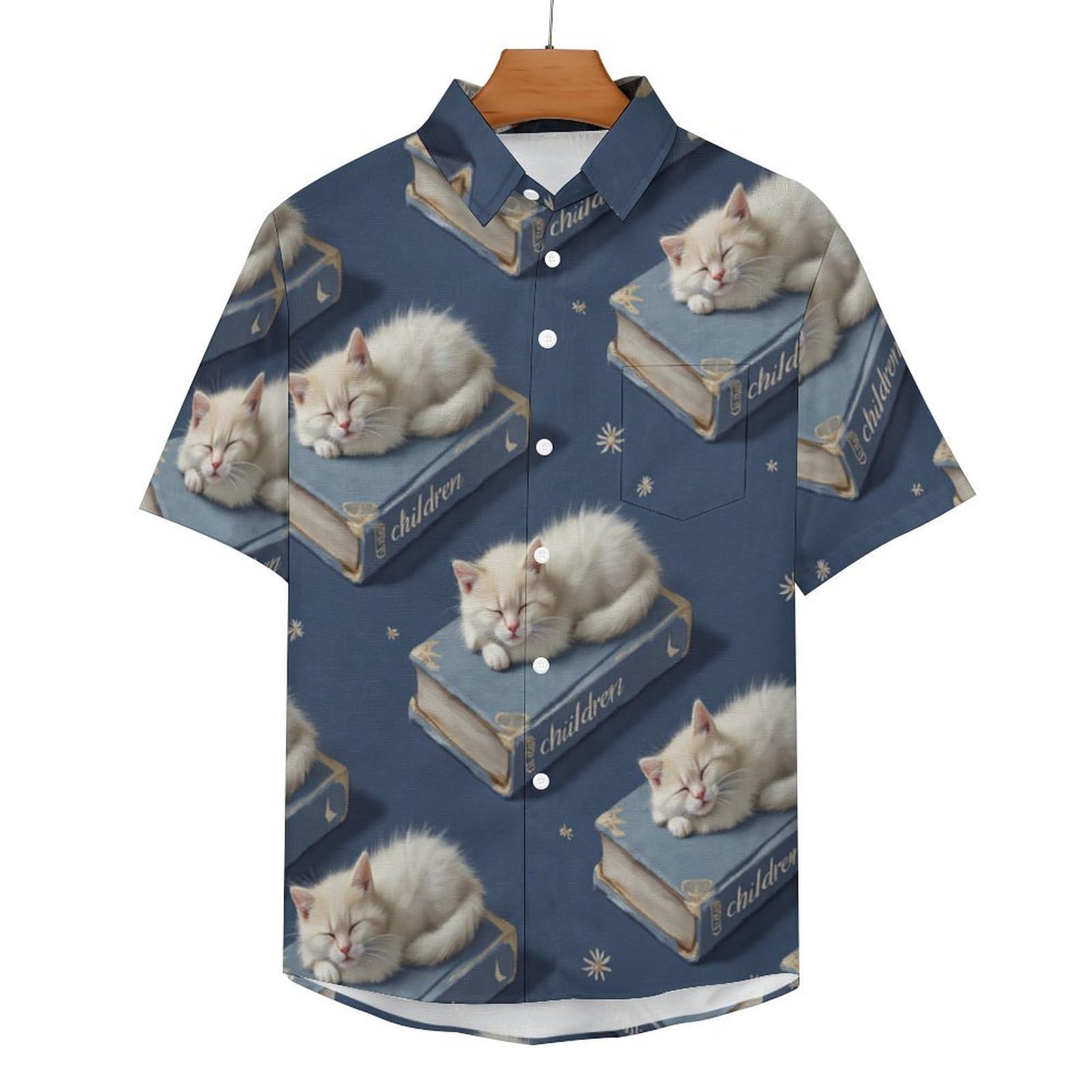 Camicia Casual da Uomo, Libri Gatti Stampa Maglietta Estiva a Maniche Corte Stile Animali Arte Casual Button Down Hawaiani Camicie Risvolto Spiaggia Top