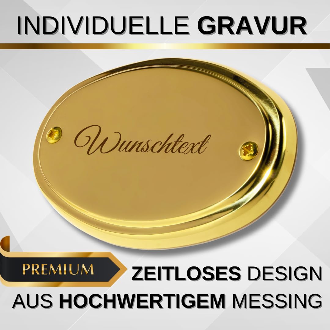 Edel Design Ovales großes Messing Schild - Türschild - Länge 11,1 cm, Breite 7,3 cm, Höhe 0,5 cm mit individueller Gravur