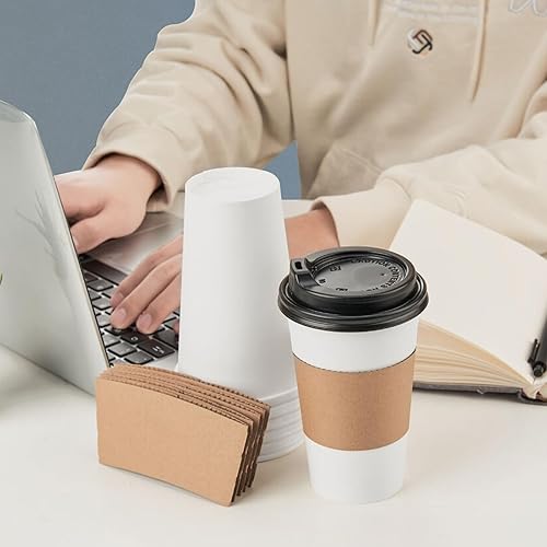 Miniatura 4 de RACETOP Tazas de café desechables con tapas y fundas de 16 onzas, paquete de 50 tazas de café de papel caliente con tapas, tazas para llevar con