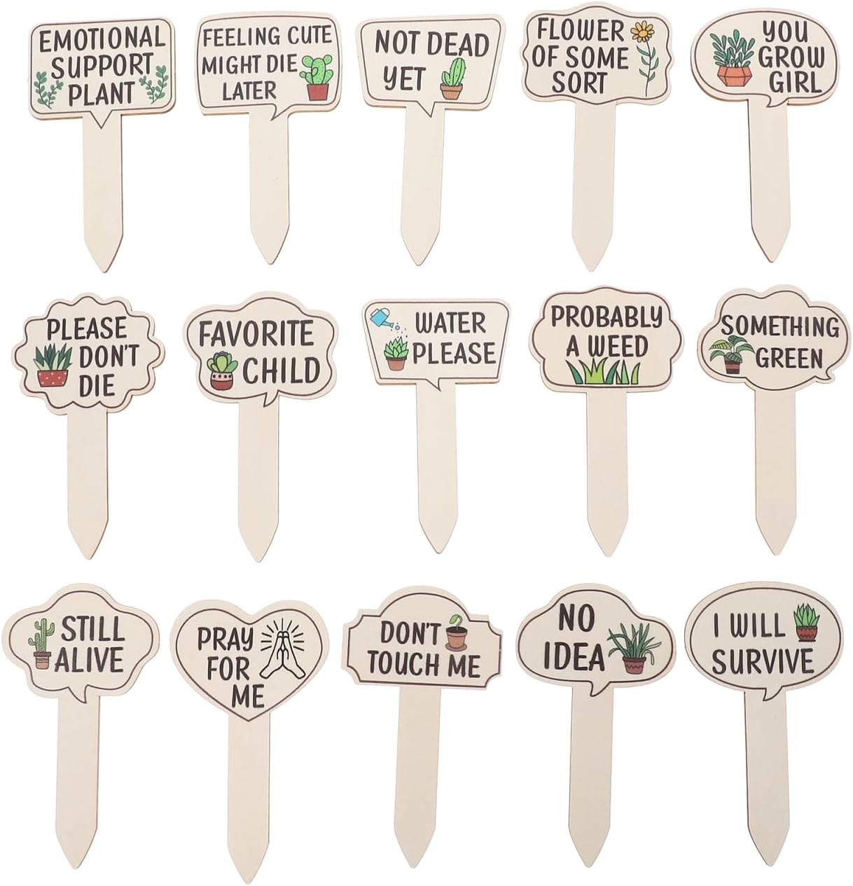 BESPORTBLE 15Pcs Wooden Plant Markers: Funny Succulent Stakes - Waterproof Garden Labels for Outdoor Herb Vegetable Flower Signs