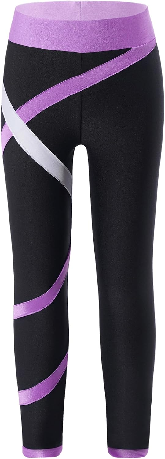 Linjinx Kids Girls Athletic Leggings Color Block Stretchy Gymnastics Yoga Pants Tights Figure Ice Skating Pants