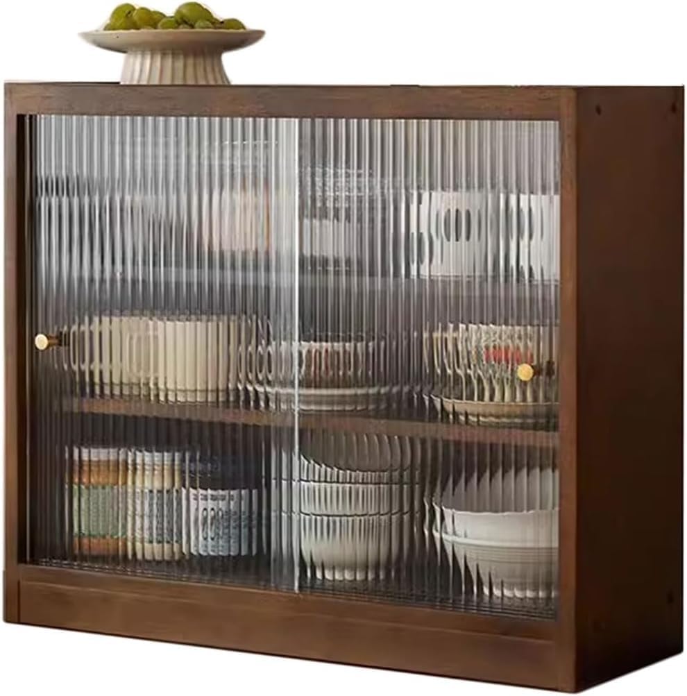 Solid Wood Counter Top Cabinet,3 Tiers Coffee Wine Bar Storage with Glass Doors, Teacup Holder Figurine Display(Brown)