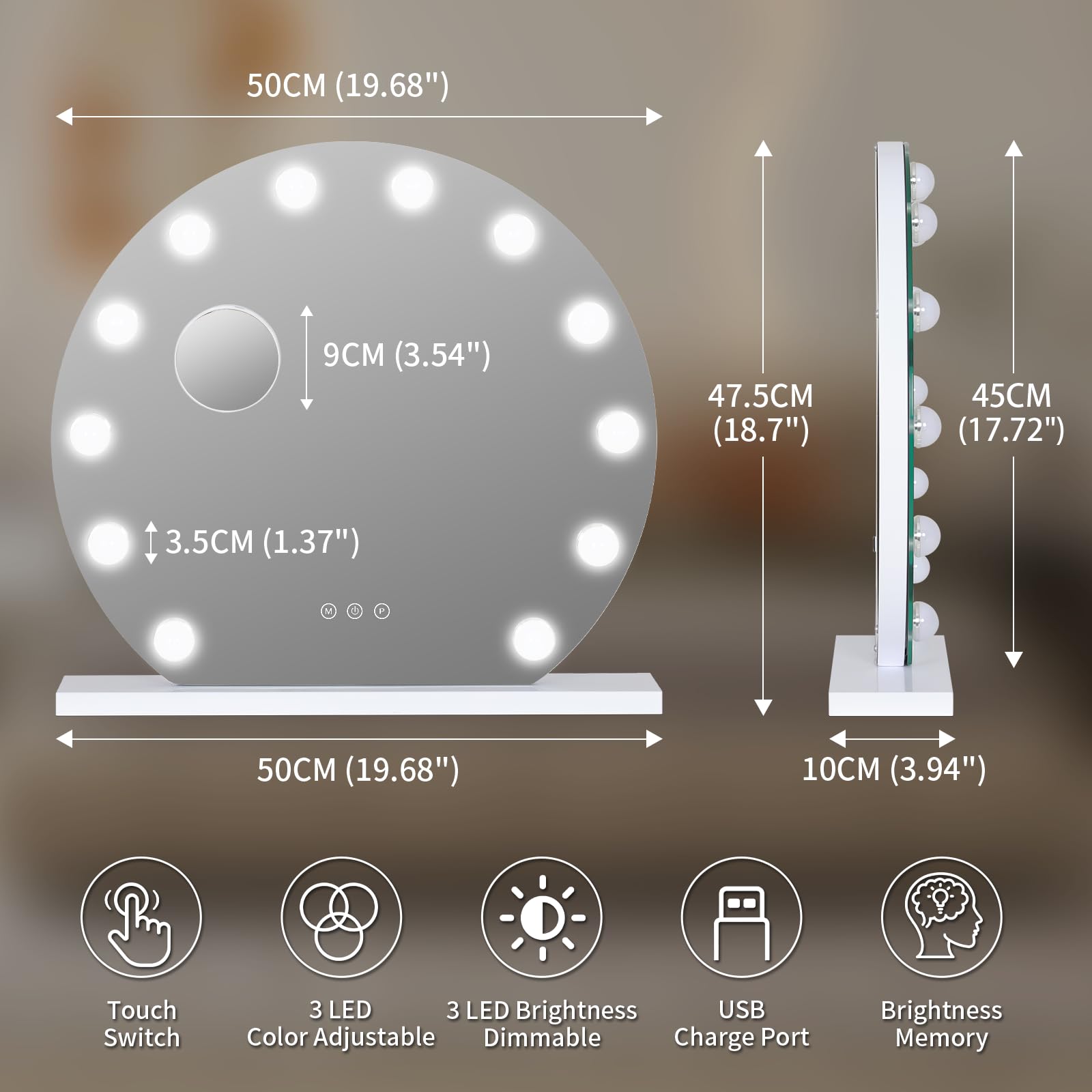Hollywood Vanity - Specchio cosmetico rotondo con luci, 50 cm, specchio per il trucco con 12 lampadine LED dimmerabili, porta di uscita USB, 3 modalità di illuminazione, da tavolo e da parete