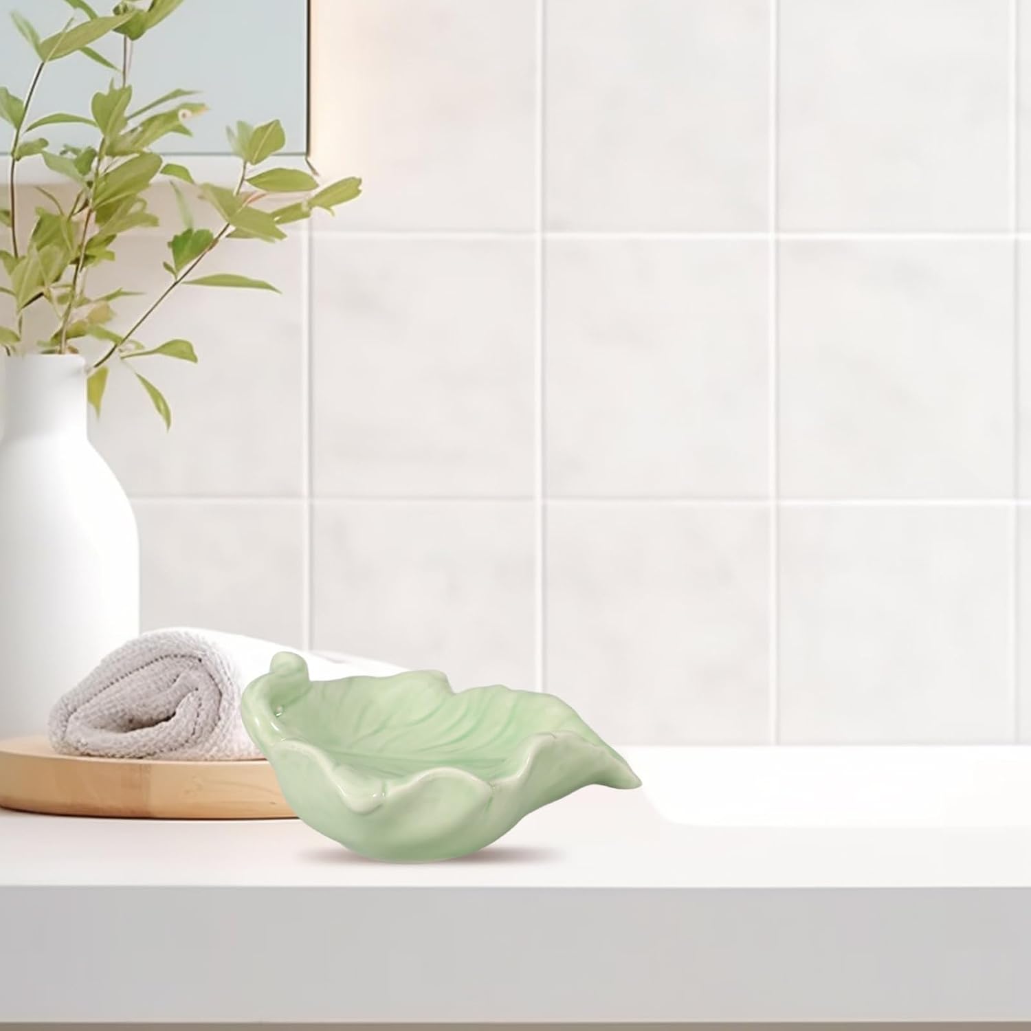 Ceramic Leaf Shape Self Draining Soap Dish Holder for Bathroom Sink Shower, Green Draining Soap Container with Drainage Tray