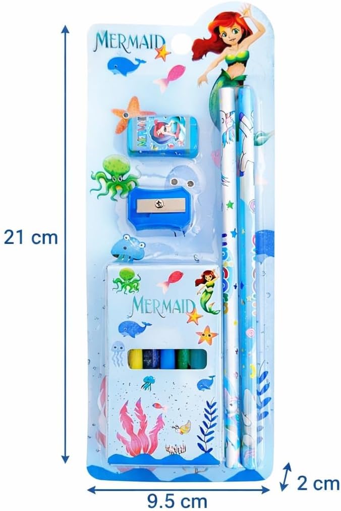 Kids Stationery Set – Unicorn, Mermaid, Sea Animals & Dream Space | Pencil, Eraser, Sharpener & 6 Color Crayons Combo | School Supplies & Return Gift Pack for Girls & Boys (6 (Pcs))