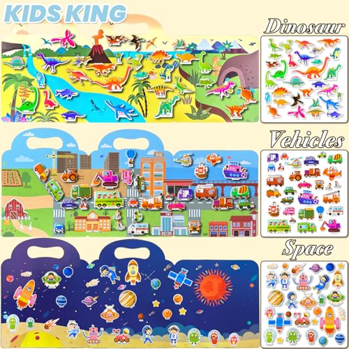 Image of Reusable Sticker Books for Toddlers 1-3, Puffy Stickers Book for Kids Ages 2-4, Toddler Travel Essential Activities Toys for Boy Girl Birthday Christmas - Vehicle, Space and Dinosaur (3 Set)