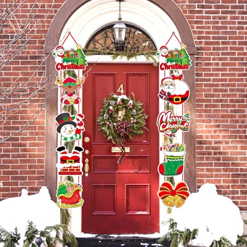 Dwafill Decoración Puerta Navidad, Decoracion Navidad Exterior, Pancarta Feliz Navidad Que Contiene Elementos de Muñeco de Nieve y Papá Noel, Disponible en Decoración Navideña Arbol (Verde)