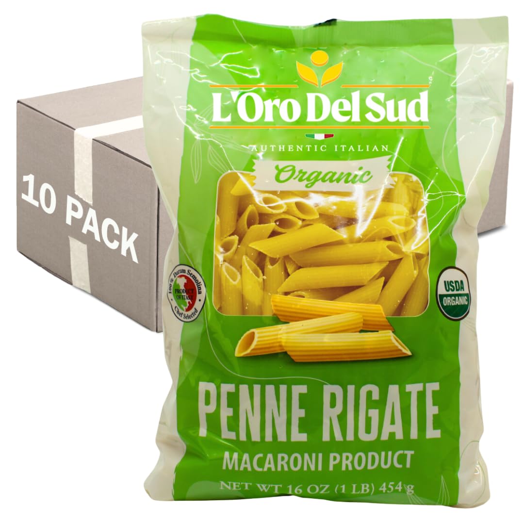 Organic Penne Rigate, 100% Durum Wheat, Italian Pasta, Premium Quality Product of Italy (10 pack x 16 Oz) Non GMO, Vegan, Kosher Certified by L'Oro del Sud.