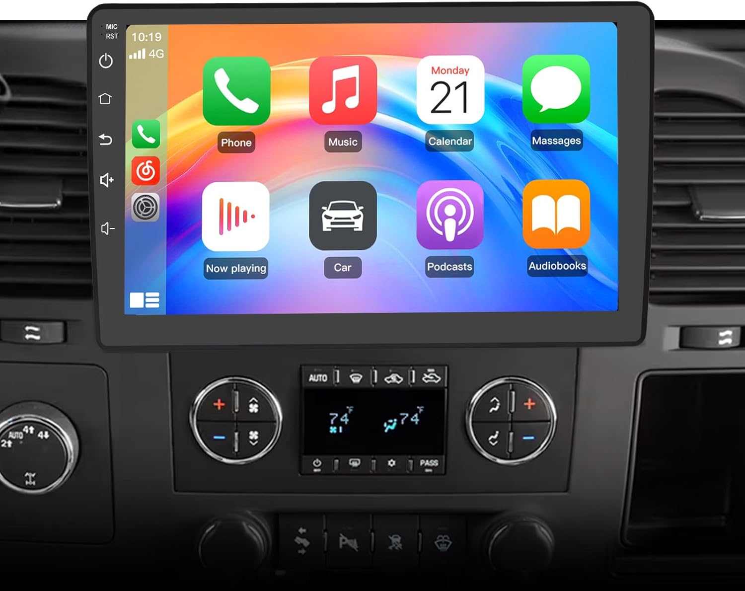 AWESAFE 10 inch car radio stereo display showing the CarPlay interface with various app icons.