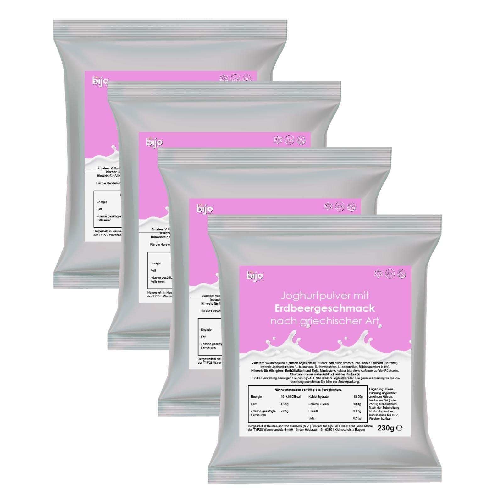 bijo Joghurtpulver mit Geschmack 4er Set - Erdbeere griechischer Art - Selbermachen (ergibt 4 kg Joghurt) - Joghurtpulver für Joghurtbereiter - 230g Joghurtpulver je Sachet - kurzes MHD