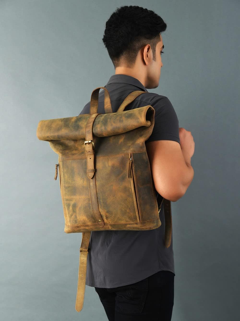 Gratlin Buffalo Leather Roll On Laptop Backpack 16 Inch | Vintage Genuine Rucksack Backpack for Men & Women | Best Full Grain Brown Leather Backpacks Book Bag Knapsack for Travel Hiking Use