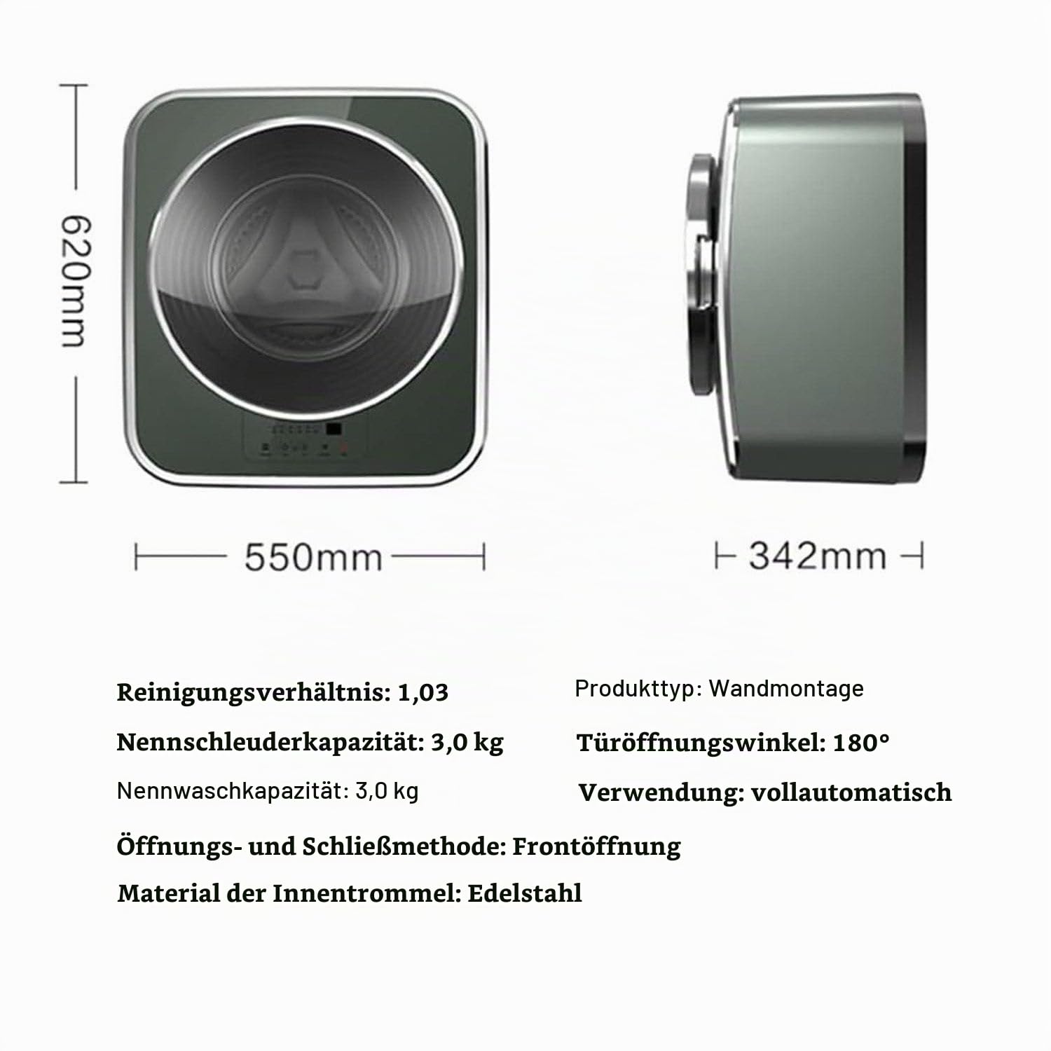 3 kg Wandmontierter Mini-Waschtrockner mit Fronttrommel, vollautomatisch, Hochgeschwindigkeitsschleuder, verschiedene Waschprogramme, LED-Touchpanel, intelligenter Absturzschutz, fürs Badezimmer