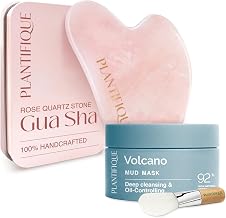 PLANTIFIQUE Korean Volcanic and Dead Sea Mud Mask - Purifies, Refines Pores, Hydrates and Calms, 110g & Gua Sha Rose Quartz Tool - Anti-Aging and Skincare Routine