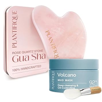 PLANTIFIQUE Dead Sea Mud Mask for Face Body Care with Hyaluronic Acid for Women and Men and Gua Sha Rose Quartz Tool for Face Anti Aging Massage Tool - GuaSha Tool - Facial Skin Care Products