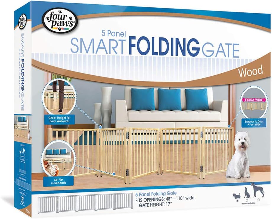 Four Paws Smart Folding Free Standing 5-Panel Wood Dog Gate, 48"-110" W by 17" H