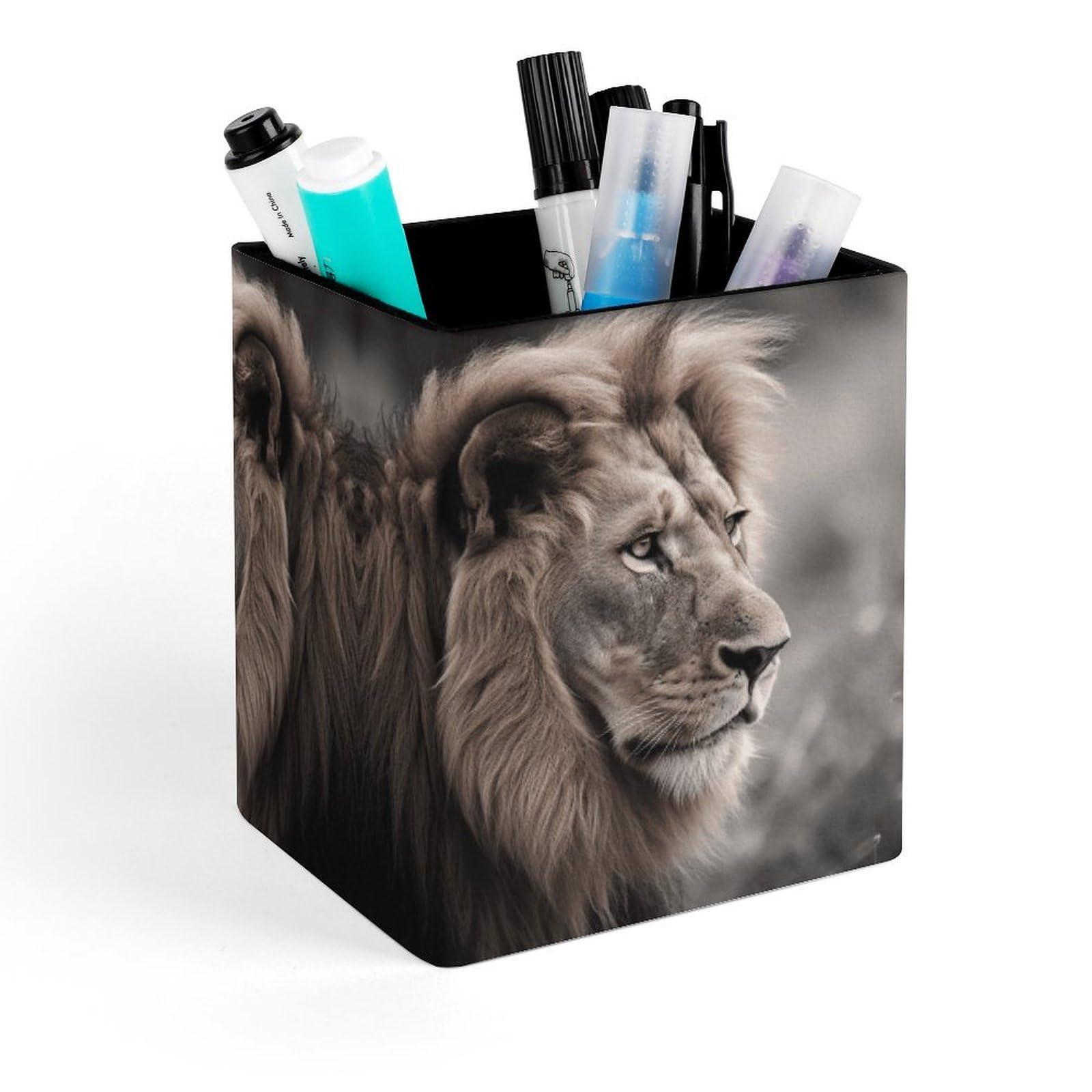 FekiLoot Wildlife Lion Pencil Holder Square Leather Pen Holder Cup Modern Multi-Functional Pencil Cup Holder Decorative Desk Organizer Caddy Makeup Brush Holders for Desk Office