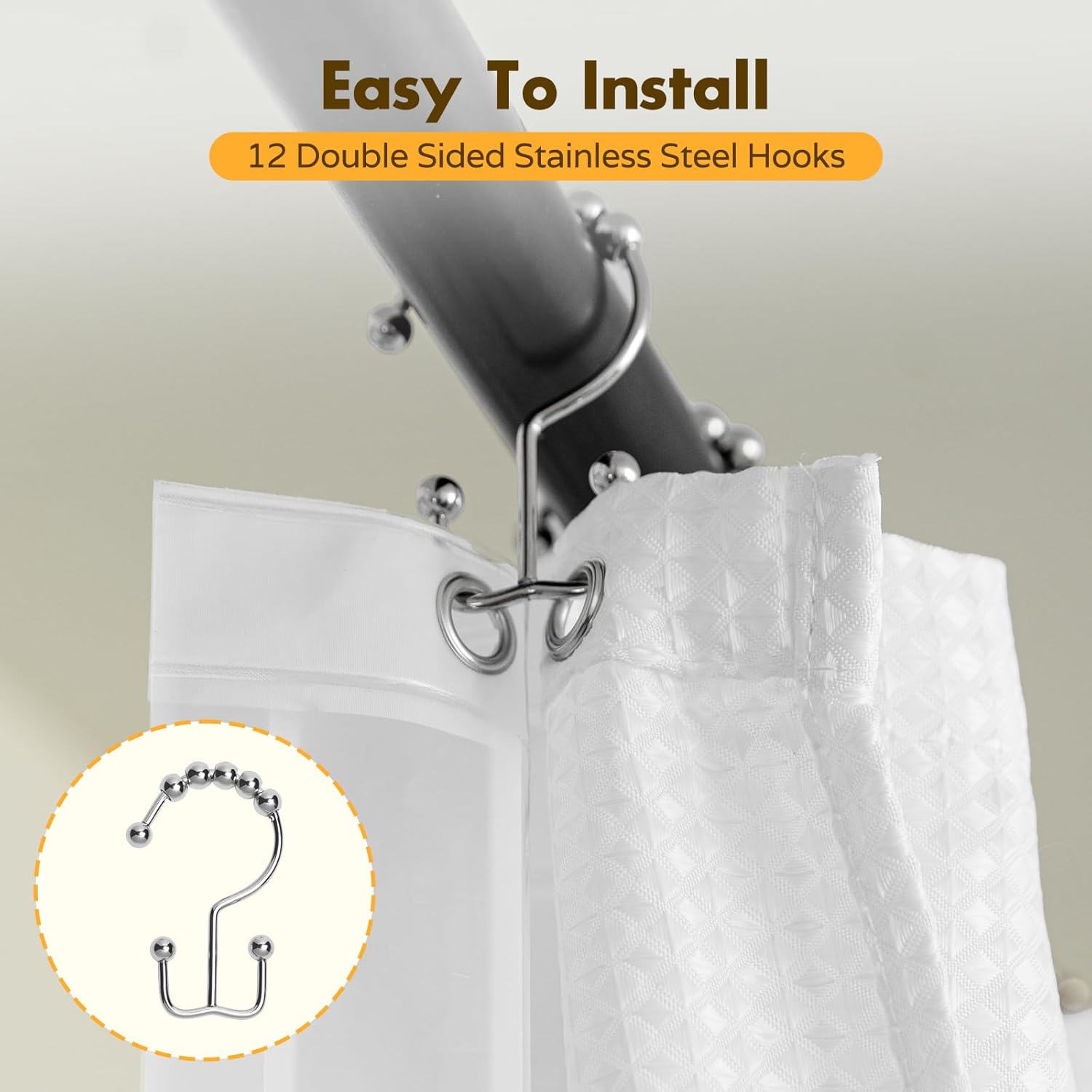 3 in 1 Shower Curtain Set, 72 x 74 inch Long Waffle Shower Curtain and PEVA Clear Shower Liner with 12 Double Sided Hooks, 258 GSM Heavy Duty Fabric Hotel Quality Shower Curtains for Bathroom,White