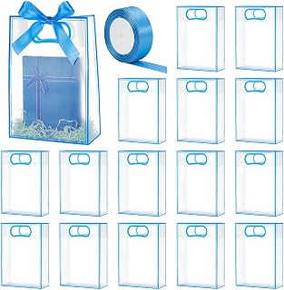 UNICRAFTALE 15Pcs Clear Gift Bags with 1 Roll Ribbon Party Favor Bags Reusable Plastic Gift Bag Deep Sky Blue Border Gifts Bag with 1 Roll Ribbon for Christmas Wedding Birthday Party 7"x3"x10"