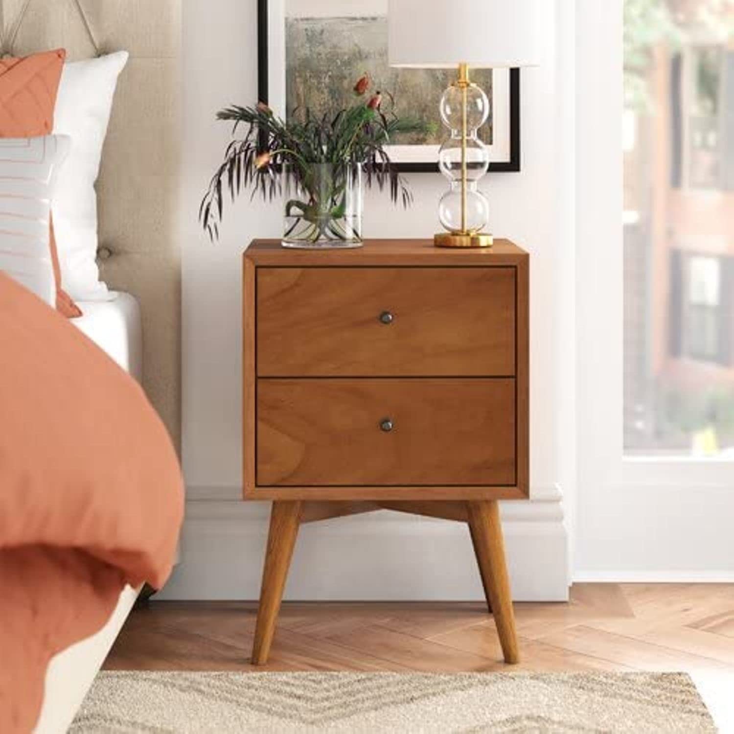 Ganpati Arts Solid Sheesham Wood Lucia Bedside Table with 2 Drawers Storage for Bedroom Home Wooden Sofa Side End Tables Night Stand Bed Room Furniture 1 Year Warranty (Natural Finish)