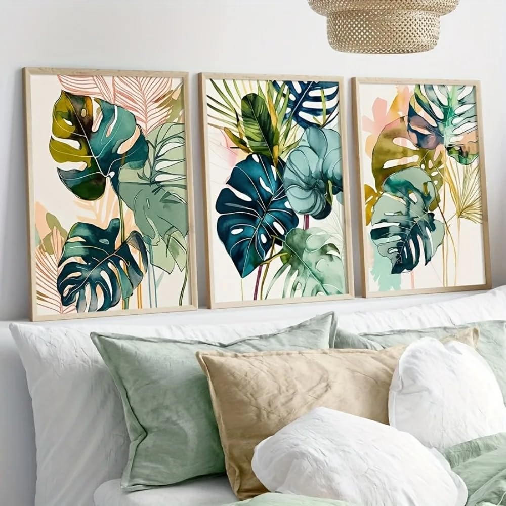 LTjiajuypd Tropical Plant Wall,Watercolor Green Palm Leaf Painting Gallery Modern DecorCanvas Art Living Room(30x50cm-3Pcs)