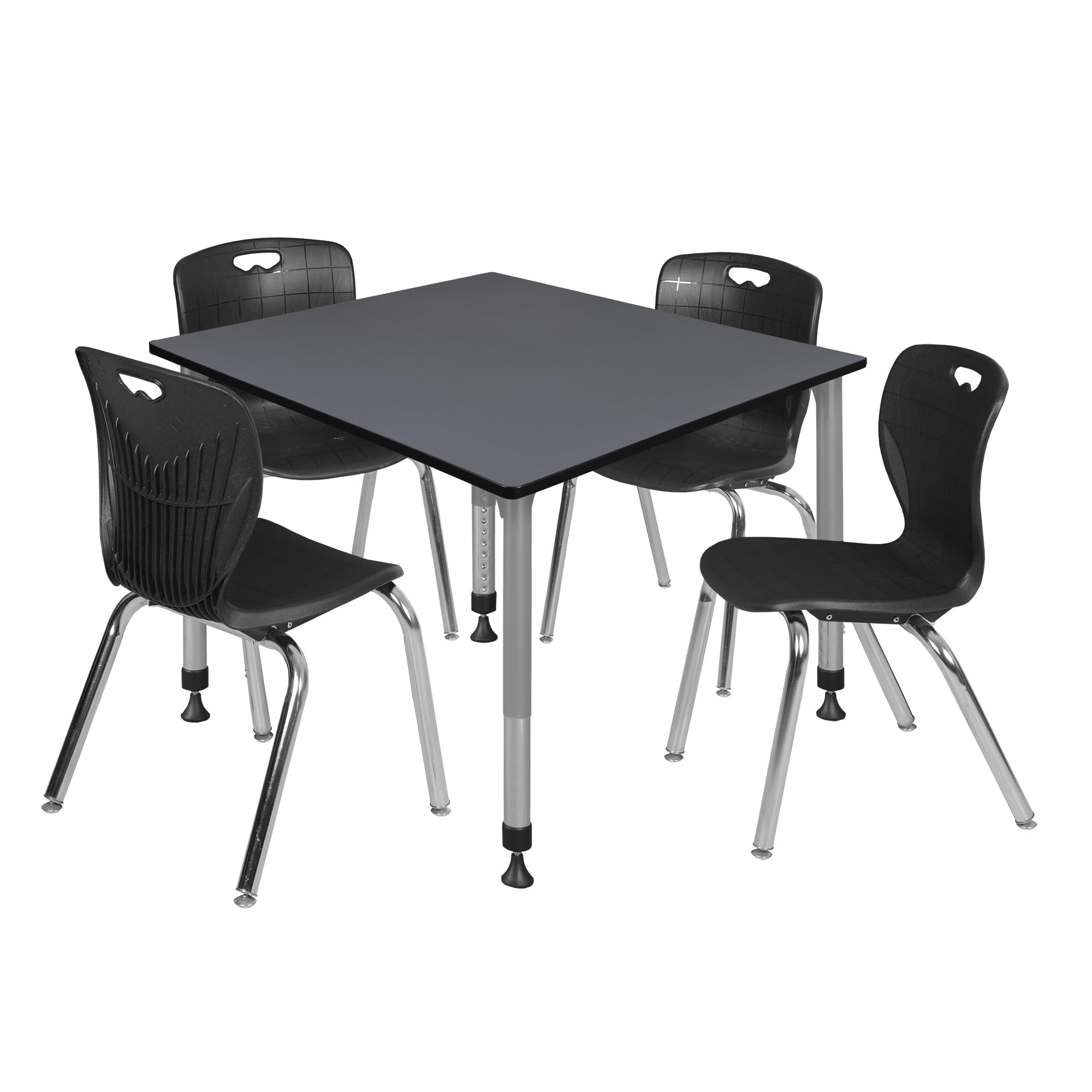 Romig Kee Square Classroom Activity Table & Chairs Height adjustable1, 48 x 48, Black|Chrome|Grey