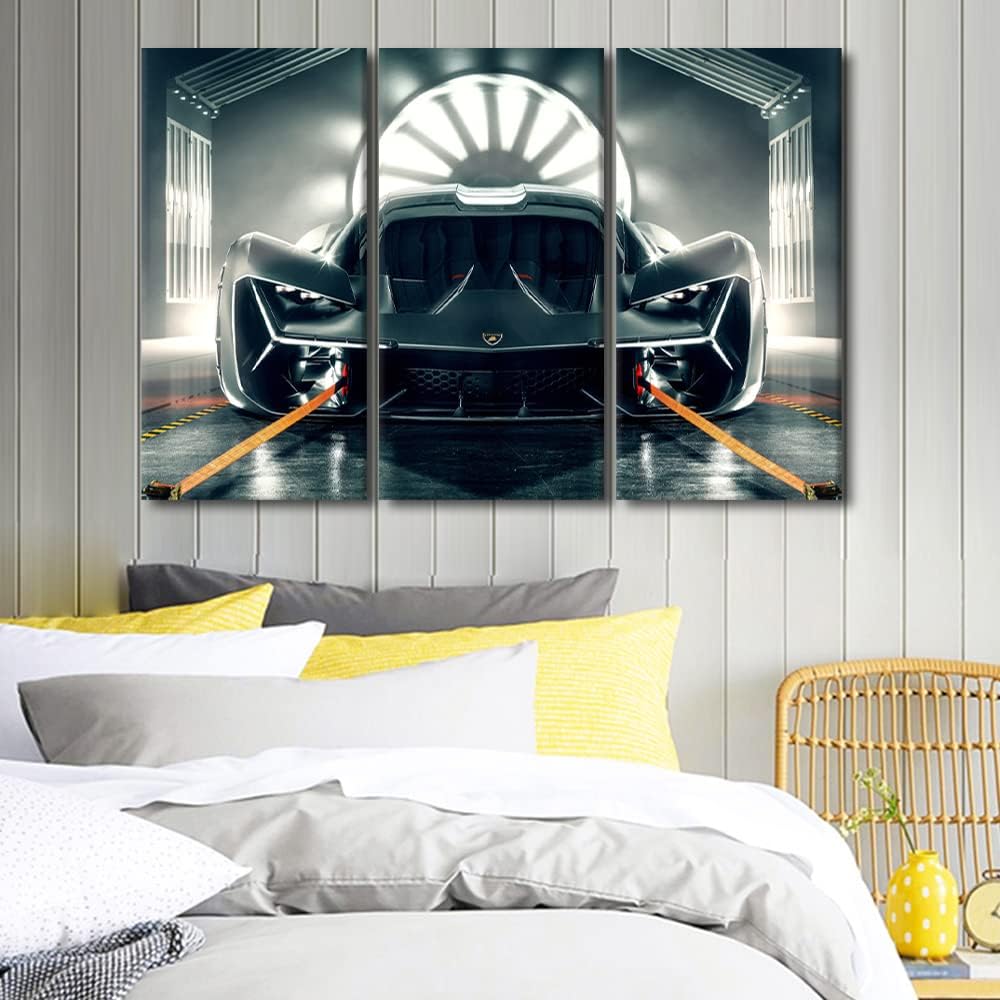 Wall Art for Living Room Large Size Gray Sports Car Office Wall Decor Canvas Prints Supercar Speed Car Modern Artwork for Bedroom Car Poster Decor for Boys Bathroom Framed Ready to Hang, 60"Wx40"H image 3
