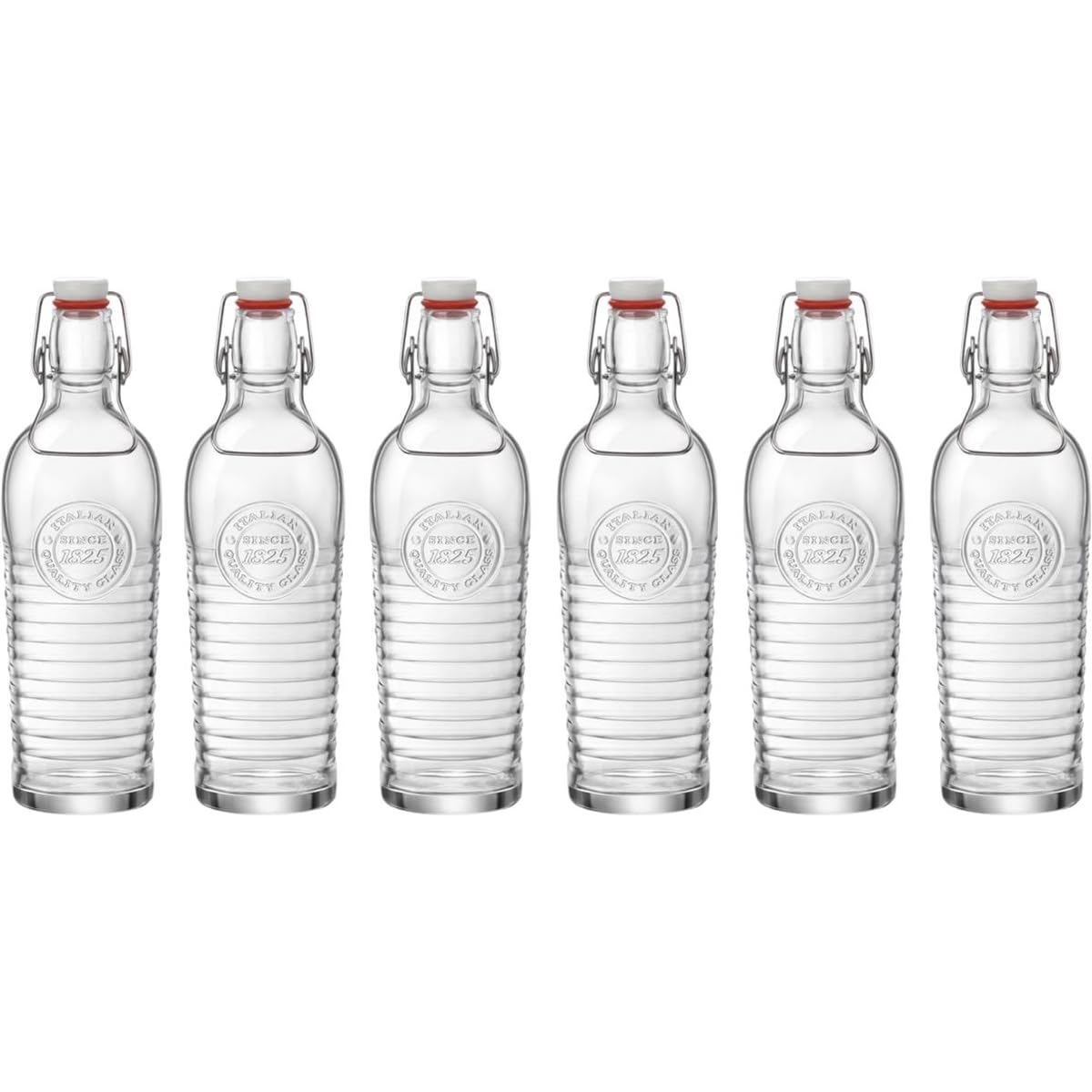 Bormioli Officina 1825 - Set di 6 bottiglie di vetro da 1,2 l, design originale italiano con rilievo, ermetiche e trasparenti, ideali per bevande, fermentazione, conserve e decorazioni