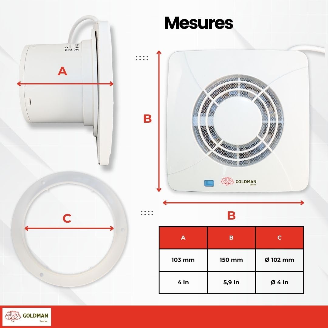 GOLDMAN SERVICE | Extracteur de salle de bain cuisine silencieux, puissant, Ventilateur extracteur d'air, anti-humidité, anti-odeur, Valve anti-retour et moustiquaire | Diamètre : 100 mm