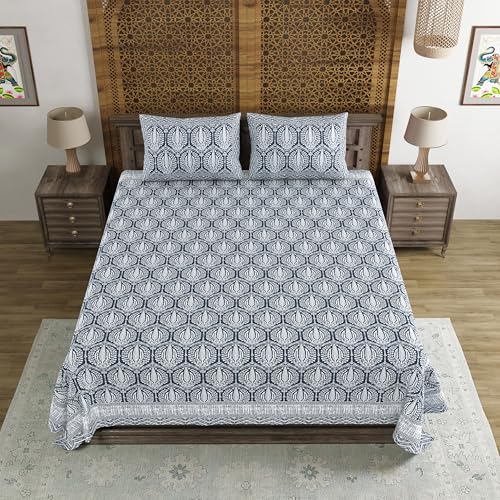Image of BLOCKS OF INDIA Hand Block Printed 200 TC Cotton Super King Size Bedsheet (Blue Pine Tree)