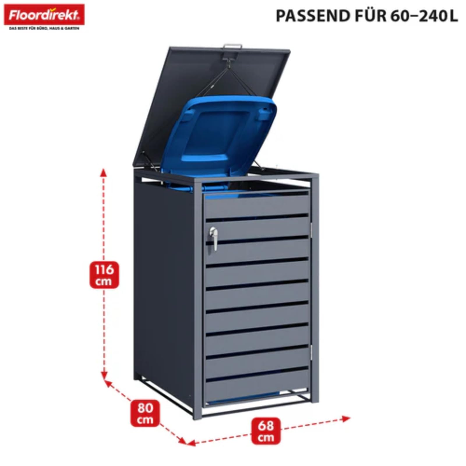 Floordirekt Mülltonnenbox 1er Mülltonne für 60-240 L - Anthrazit - inkl. Erweiterungsmöglichkeit - Mülltonnenverkleidung, 1 Tonne, Garten Müllhaus, Müllbox, Magnus
