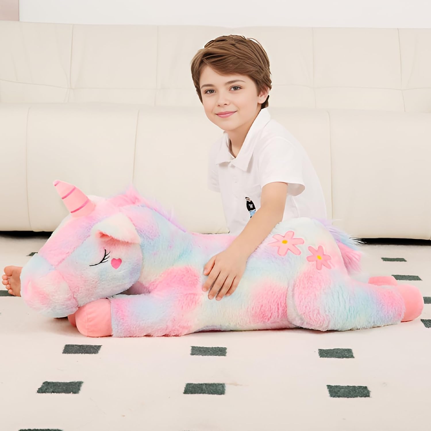 Tianmihou 32 inch Rainbow Unicorn Plush Pillow Toy, Big Soft Long Body Pillow Plushies Pet, Large Colorful Unicorn Stuffed Animals Gift for Kids Boys and Girls, Birthday